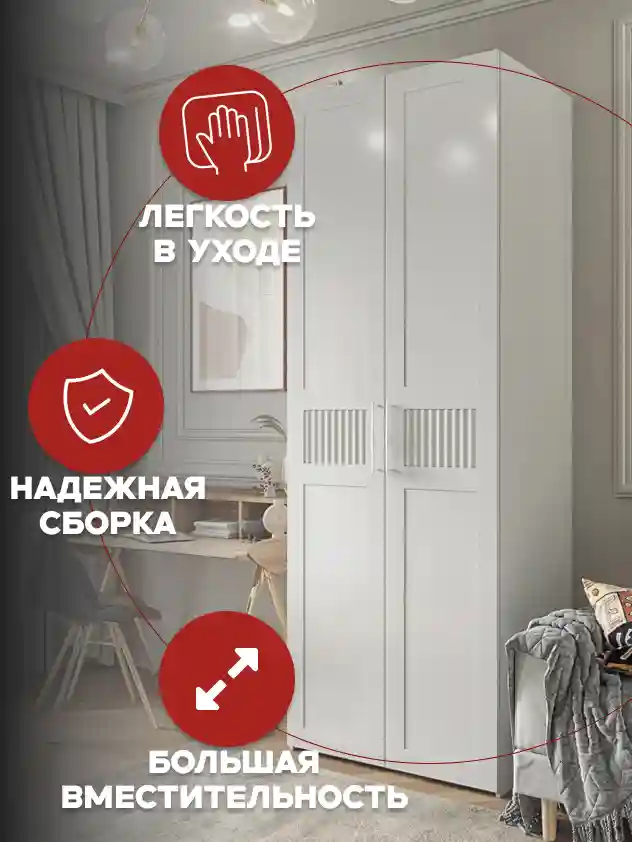 Шкаф 2-дверный Распашной шкаф Desiato ШК2-Ц-Н1-ФС-БЕЛ-Р6-100х210х50, W3343V Белый вельвет